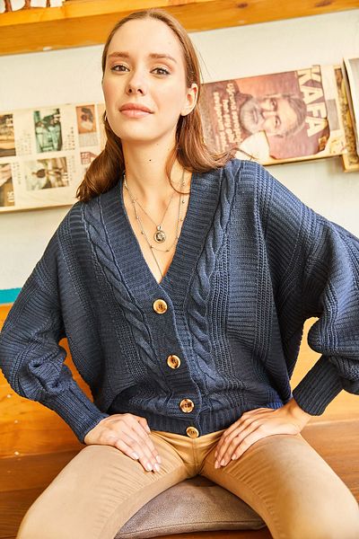 Olalook Cardigan tricot împletit cu păr gros indigo pentru femei HRK-19000082