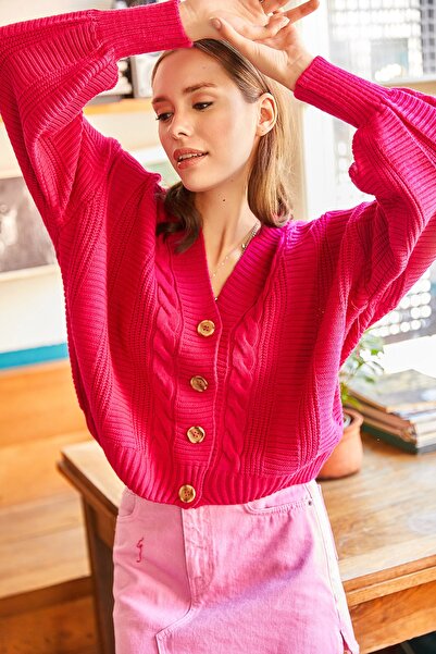 Olalook Women's Fuchsia Thick Hair Braided Knitwear Cardigan HRK-19000082