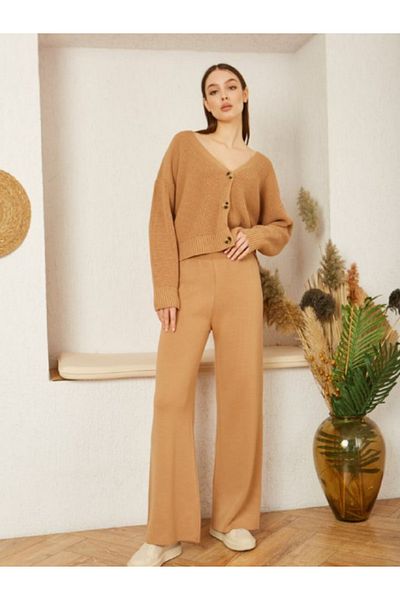 1Moda1Tarz Women's Mink V-Neck Front Button Closure Ribbed Knitwear Bottom-top Suit Top Cardigan Bottom Trousers Detail