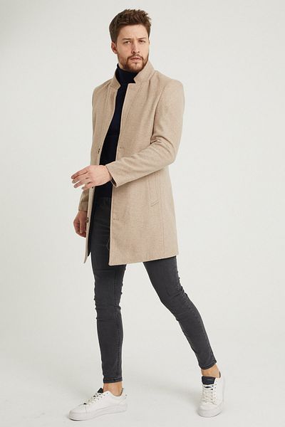 MODAMESTO Ανδρικό γιακά παλτό σε μπεζ Slim Fit Stand
