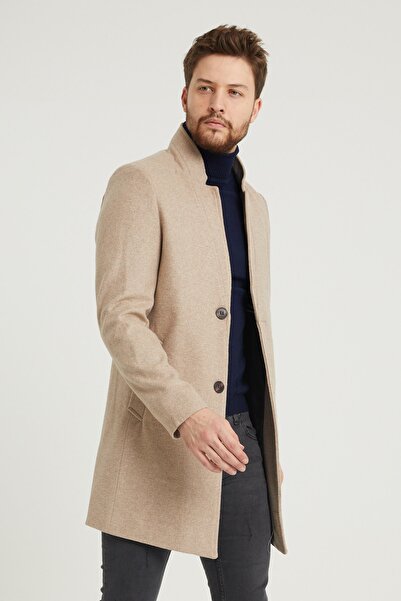 MODAMESTO Erkek Bej Slim Fit Dik Yaka Kaşe Kaban