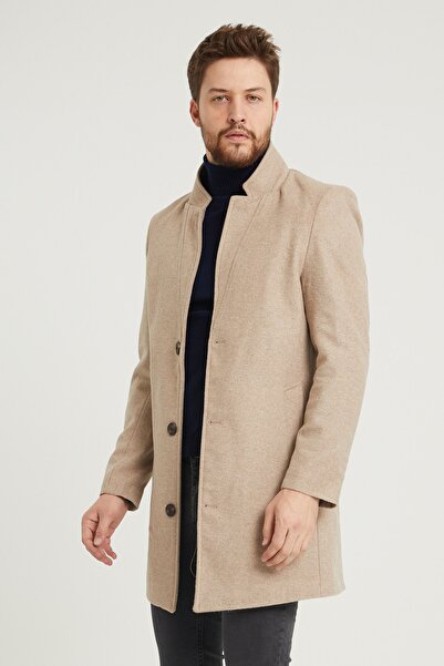 MODAMESTO Erkek Bej Slim Fit Dik Yaka Kaşe Kaban