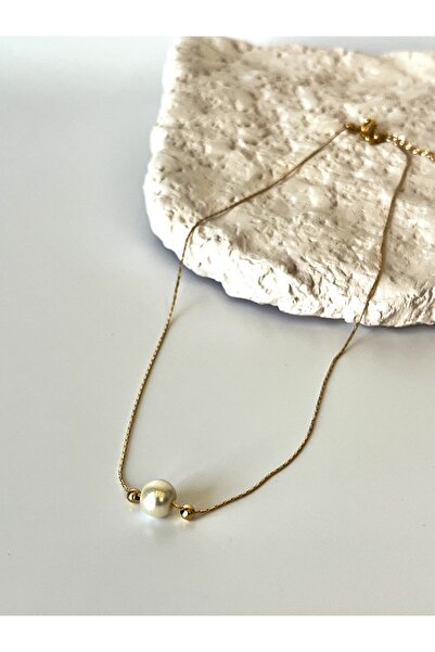 Ladies&Gentlemen Tek Cam Incili Altın Kaplama Tasarım Kolye