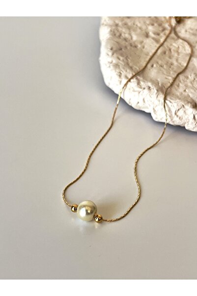 Ladies&Gentlemen Tek Cam Incili Altın Kaplama Tasarım Kolye