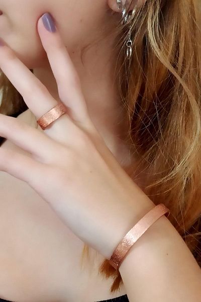 Fildişi Aksesuar Pattern Surface Women's Copper Ring and Bracelet Set Handmade Adjustable Copper Women's Set