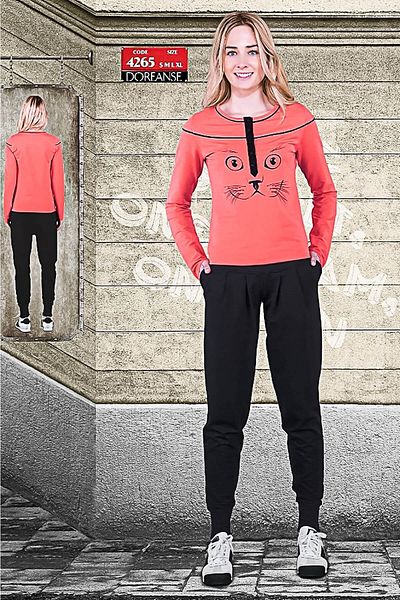Doreanse Women's Uncovered Long Sleeve Open Collar Tracksuit Set Mercan 4265