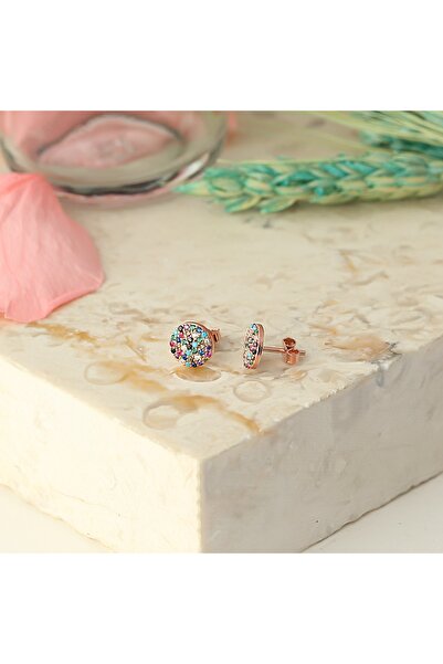 Zanaatsilver 925 Ayar Gümüş Mix Taşlı Rose Kaplama Yuvarlak Küpe Büyük Model