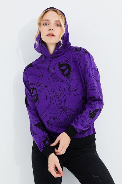 Aslında Look Cartoon Character Printed Hooded Purple Loose Sweat