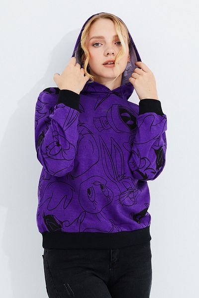 Aslında Look Cartoon Character Printed Hooded Purple Loose Sweat
