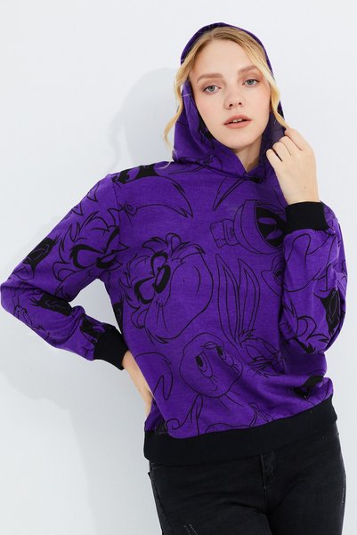 Aslında Look Cartoon Character Printed Hooded Purple Loose Sweat