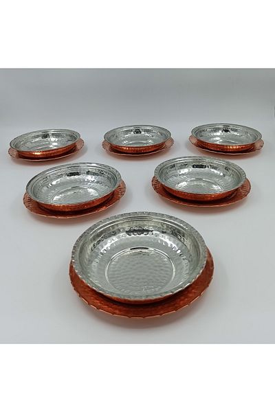 KAYSERİ BAKIRCILIK Copper Serving Plate Bowl Set Large Set of 6 Red Leg Beyran Dinner Plate