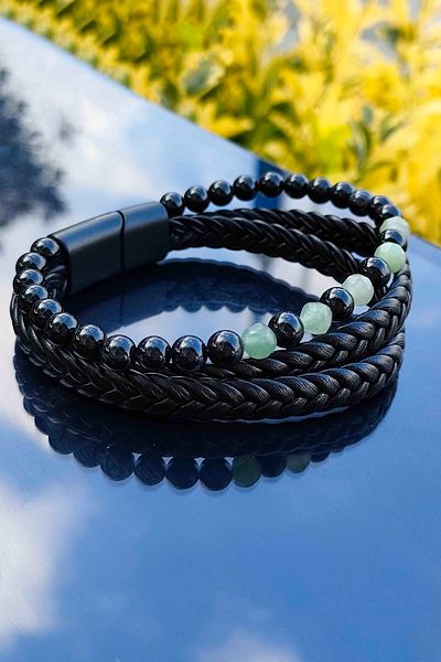TREND COLLECTİON 3-Piece Row Black Genuine Leather Bracelet with Obsidian-green Quartz Natural Stone
