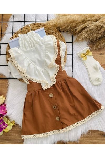Starqızpaltarı Girl's Long Sleeve 3-Piece Suit Blouse Strap Skirt Lace Detailed Usaq Clothes and Clothes