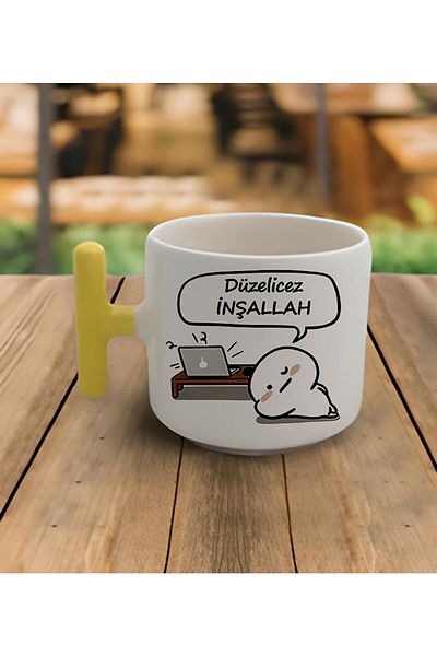 RHG Art 200 ml Double Turkish Coffee - Cup & Latte Corrector, Inshallah Motto, Yellow Handle Cup