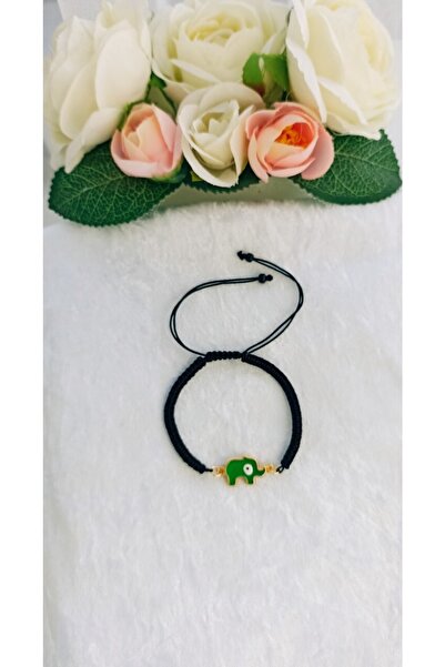 Siyah Makrome Örgü Ipli Yeşil Fil Figürlü Mineli Bileklik