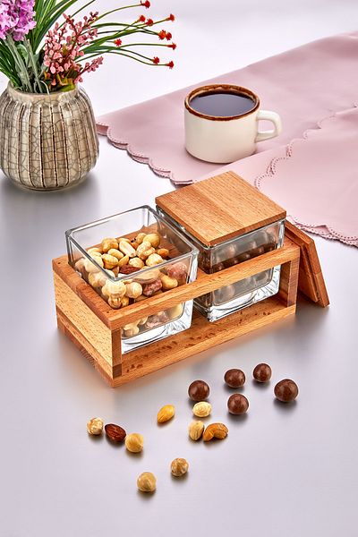 İLİVA Wooden Stand, 2 Compartment Storage Container with Lid, Square Breakfast Bowl, Snack Bowl, Breakfast Presentation Set