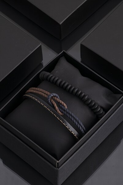 Sortie Aksesuar مجموعة أساور للرجال من الجلد الطبيعي والحجر الطبيعي 057