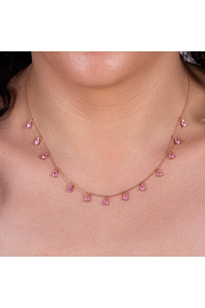 925 Ayar Zirkon Taşlı Rose Gümüş Pembe Damla Taşlı Kadın Kolye