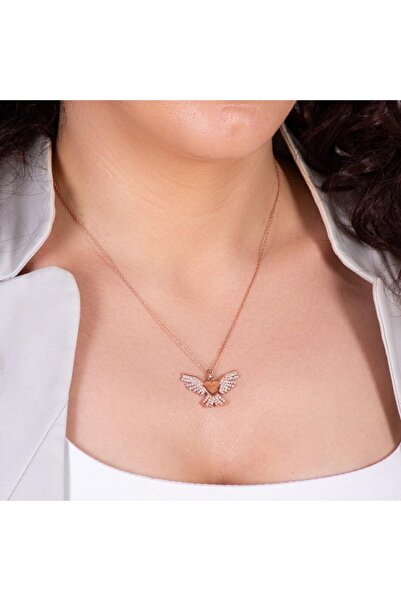 925 Ayar Zirkon Taşlı Rose Gümüş Aşk Melek Kanatları Kadın Kolye