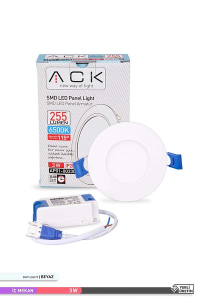 ACK 3w Flush Mount Round Led Panel Luminaire White Body 6500k White Light