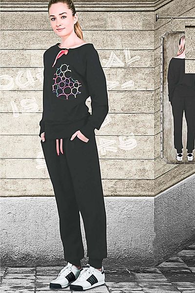 Doreanse Women's Non-Closure Long Sleeve Open Collar Tracksuit Set Black 4260