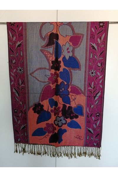 Butik Tülin Unisex Authentic Viscous Multi-Colored Patterned Double-Sided Tasseled Soft Shawl Made in India