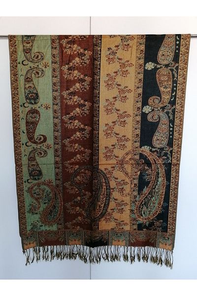 Butik Tülin Unisex Authentic Viscous Multi-Colored Patterned Double-Sided Tasseled Soft Shawl Made in India
