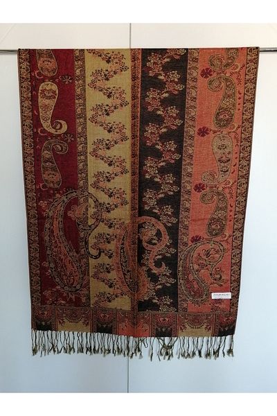 Butik Tülin Unisex Authentic Viscous Multi-Colored Patterned Double-Sided Tasseled Soft Shawl Made in India