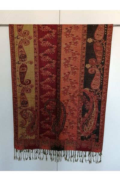 Butik Tülin Unisex Authentic Viscous Multi-Colored Patterned Double-Sided Tasseled Soft Shawl Made in India