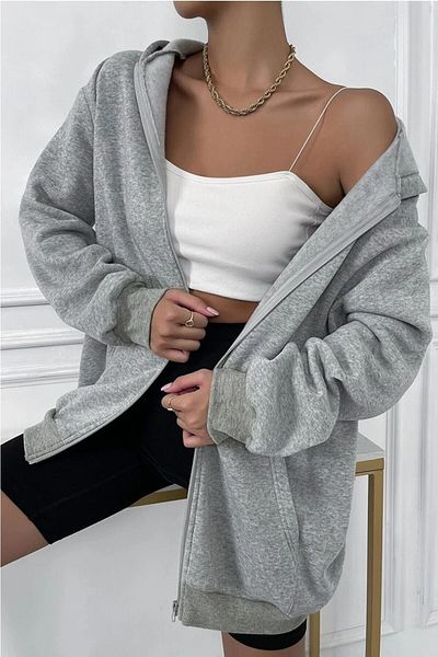 AFROGİYİM Gray Oversize Zippered Women's Cardigan - Plain Unprinted
