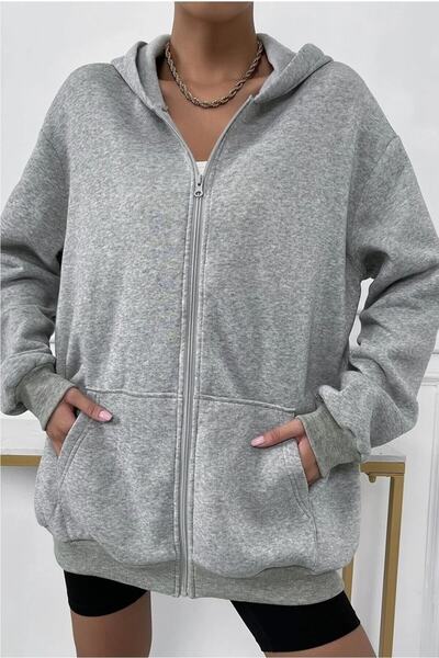 AFROGİYİM Gray Oversize Zippered Women's Cardigan - Plain Unprinted