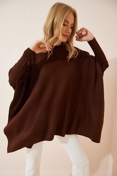 Happiness İstanbul Brauner Oversize-Poncho-Pullover mit Seitenschlitz für Damen YY00005
