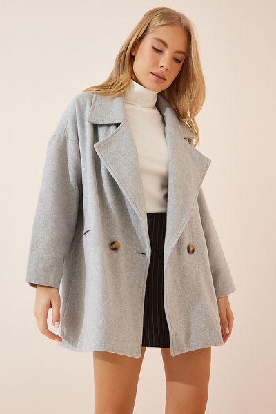 Happiness İstanbul Grauer Oversize-Mantel mit Stempelmuster für Damen DE00015