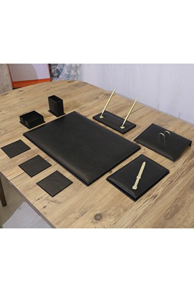 Zemtigo 9 Parça Klasik Siyah Ofis Lüks Deri Sümen Takımı