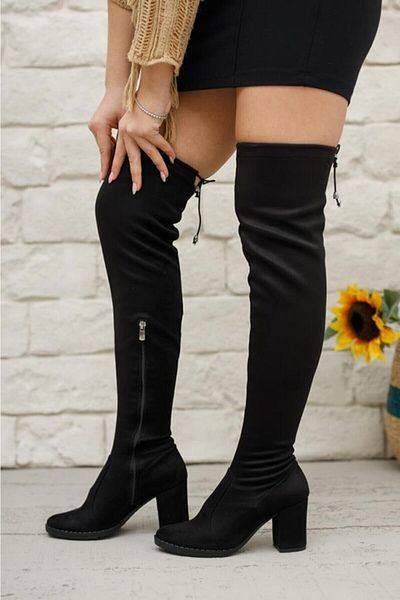 İmerShoes Cizme peste genunchi, cu toc gros, din piele întoarsă, sosete negre elastice