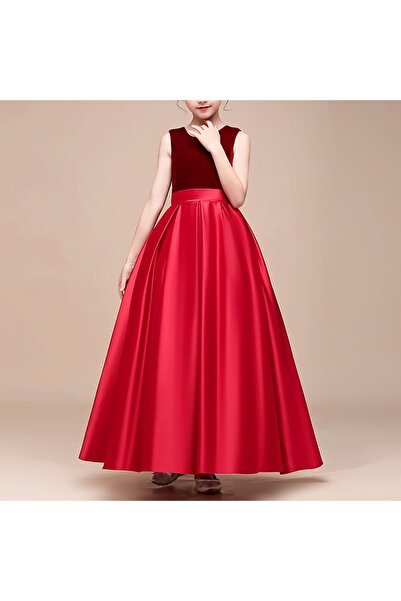 NSM Girl Child Red Velvet Party Birthday Ball Gown Graduation Satin Skirt Princess Evening Dress