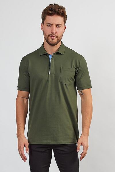 ENQUE تي شيرت رجالي أساسي ذو رقبة بولو باللون الكاكي