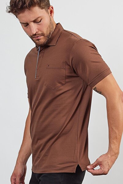 ENQUE Ανδρικό μπλουζάκι Basic με τσέπες και κουμπωτό στενό καφέ γιακά πόλο