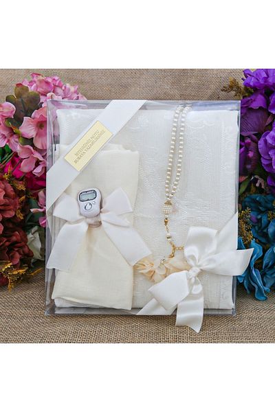 İkranur Ipek Nur Taffeta Prayer Rug Cream & Pearl Rosary Rose Cream & Cream Shawl & Zikrmatik
