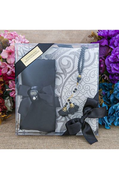 İkranur Silk Nur Taffeta Prayer Rug Black & Pearl Prayer Beads with Roses Black & Black Shawl & Chanting
