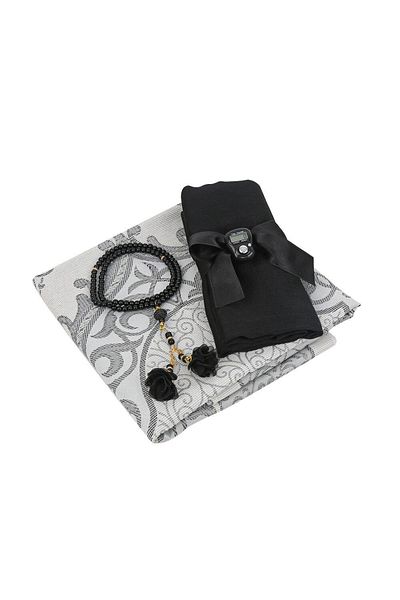 İkranur Silk Nur Taffeta Prayer Rug Black & Pearl Prayer Beads with Roses Black & Black Shawl & Chanting