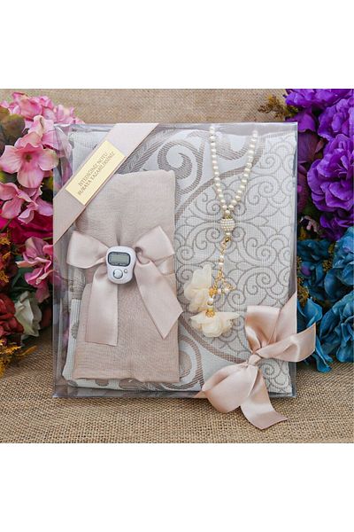 İkranur Silk Nur Taffeta Prayer Rug Mink & Pearl Prayer Beads with Roses Mink & Mink Shawl & Chanting