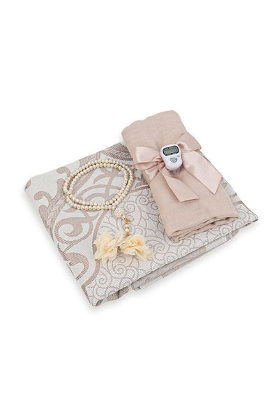 İkranur Silk Nur Taffeta Prayer Rug Mink & Pearl Prayer Beads with Roses Mink & Mink Shawl & Chanting