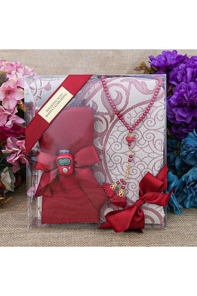 İkranur Ipek Nur Taffeta Prayer Rug Red & Pearl Prayer Beads with Roses Burgundy & Burgundy Shawl & Zikrmatik