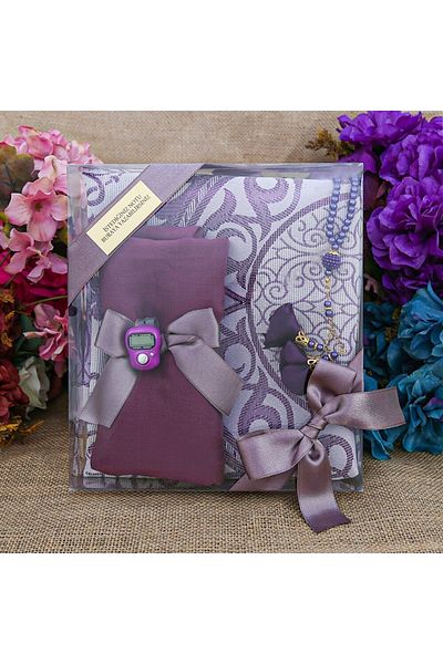İkranur Silk Nur Taffeta Prayer Rug Purple & Pearl Rosary with Roses Purple & Purple Shawl & Zikrmatik
