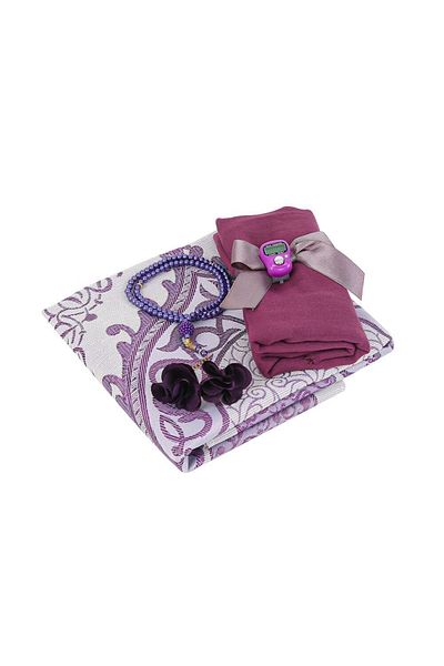İkranur Silk Nur Taffeta Prayer Rug Purple & Pearl Rosary with Roses Purple & Purple Shawl & Zikrmatik