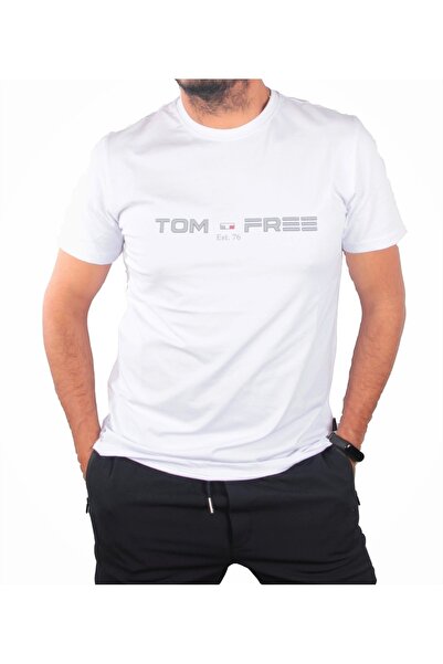 TOM FREE STORE تي شيرت أبيض برقبة دائرية وطبعة قماش ليكرا عالي الجودة للرجال