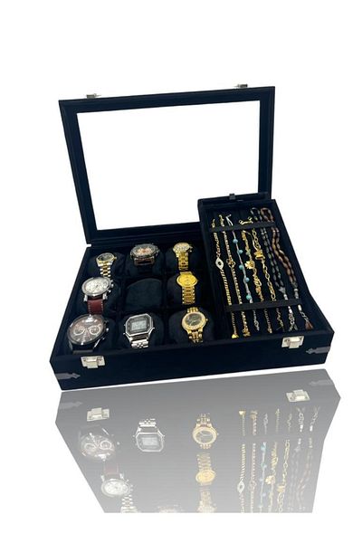 Dijital Çarşı Richbox 9-Piece Watch Bracelet Or Rosary Jewelry Box Decorative Corner Protected Suede Black