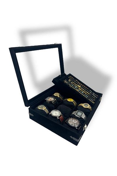 Dijital Çarşı Richbox 9-Piece Watch Bracelet Or Rosary Jewelry Box Decorative Corner Protected Suede Black