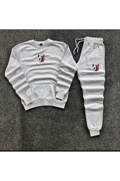 NewCabin Unisex Tokyo Panda Printed Cotton Gray Sweat-cotton Gray Sweatpants Set Bottom Top